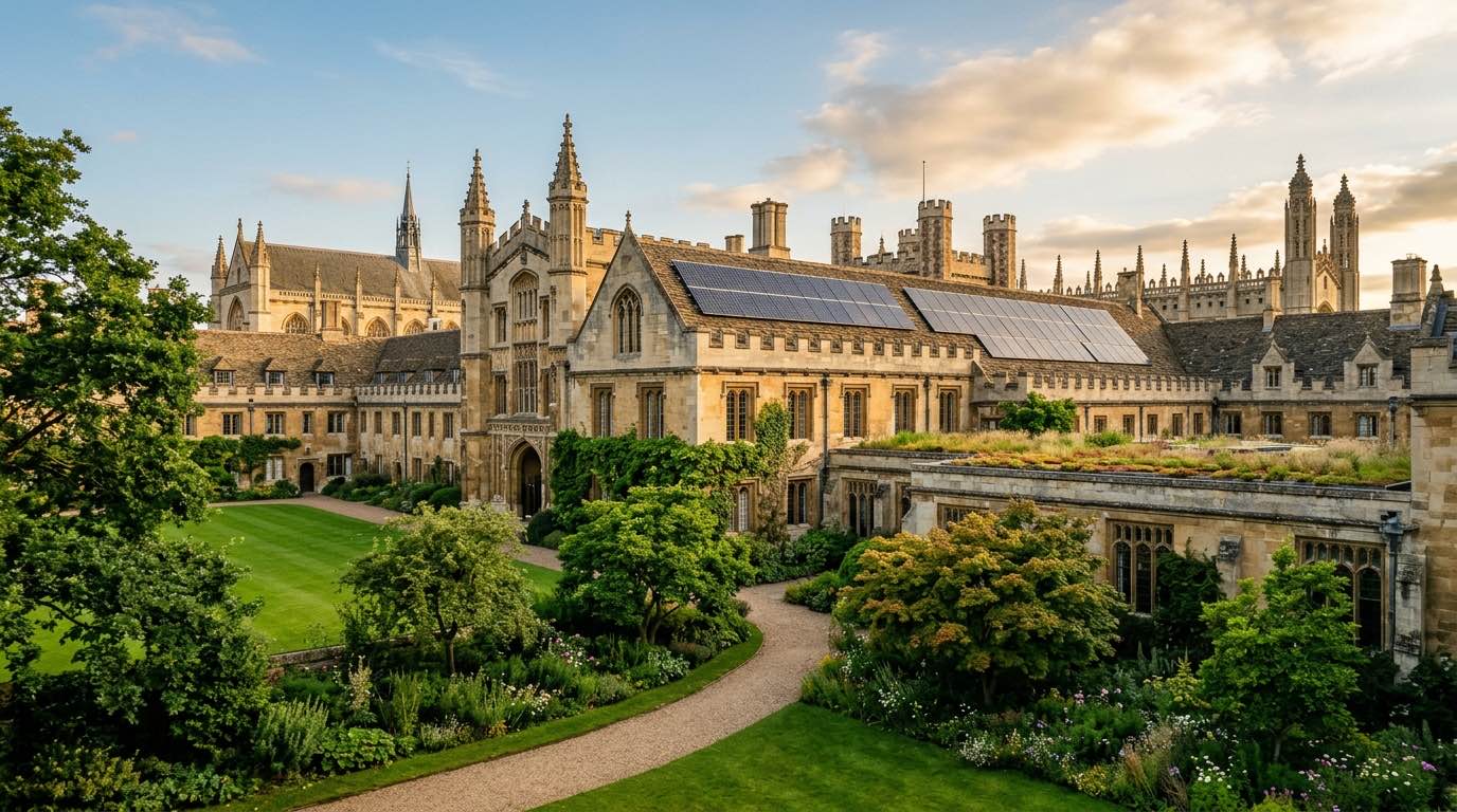 Cambridge University buildings with green courtyard