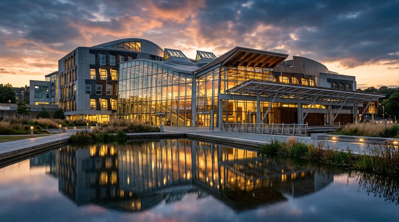 Modern democratic parliament building at twilight