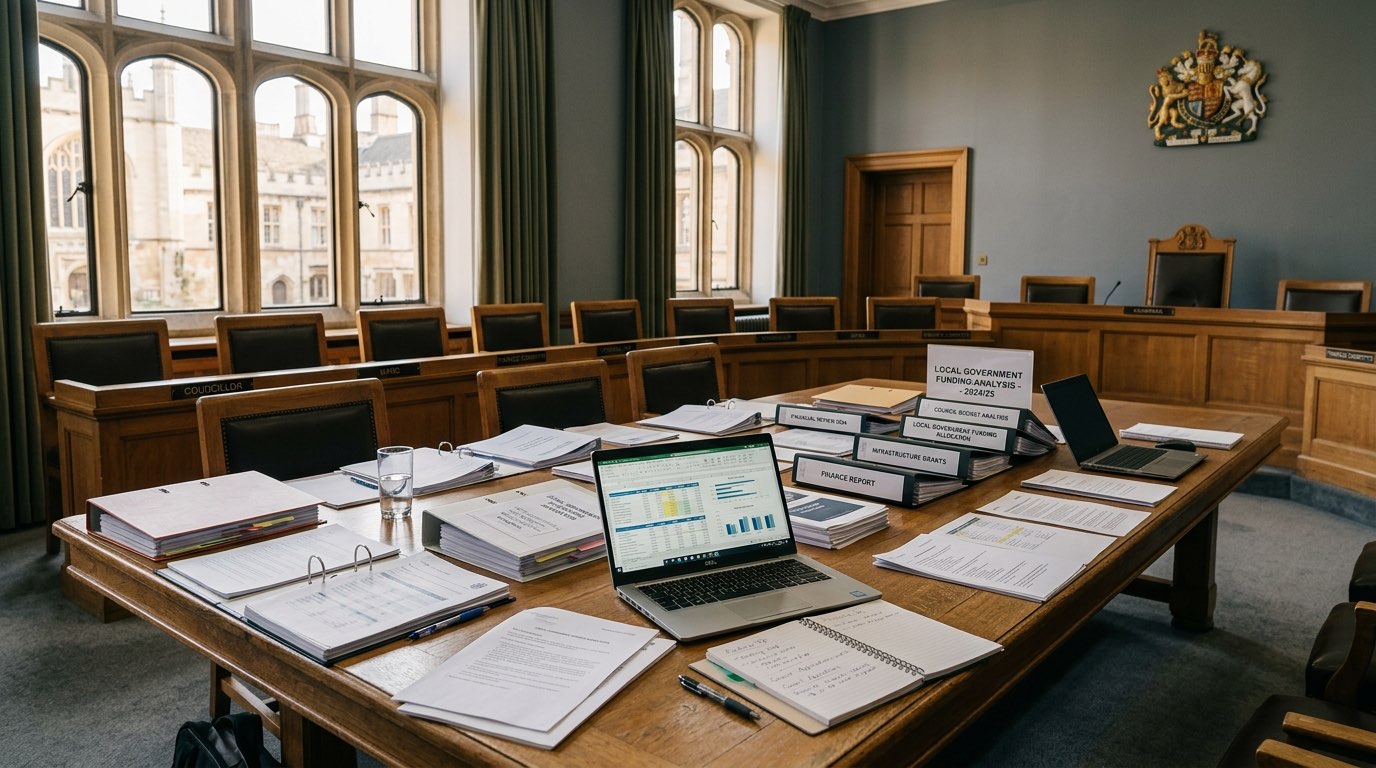 UK council chamber with funding documents