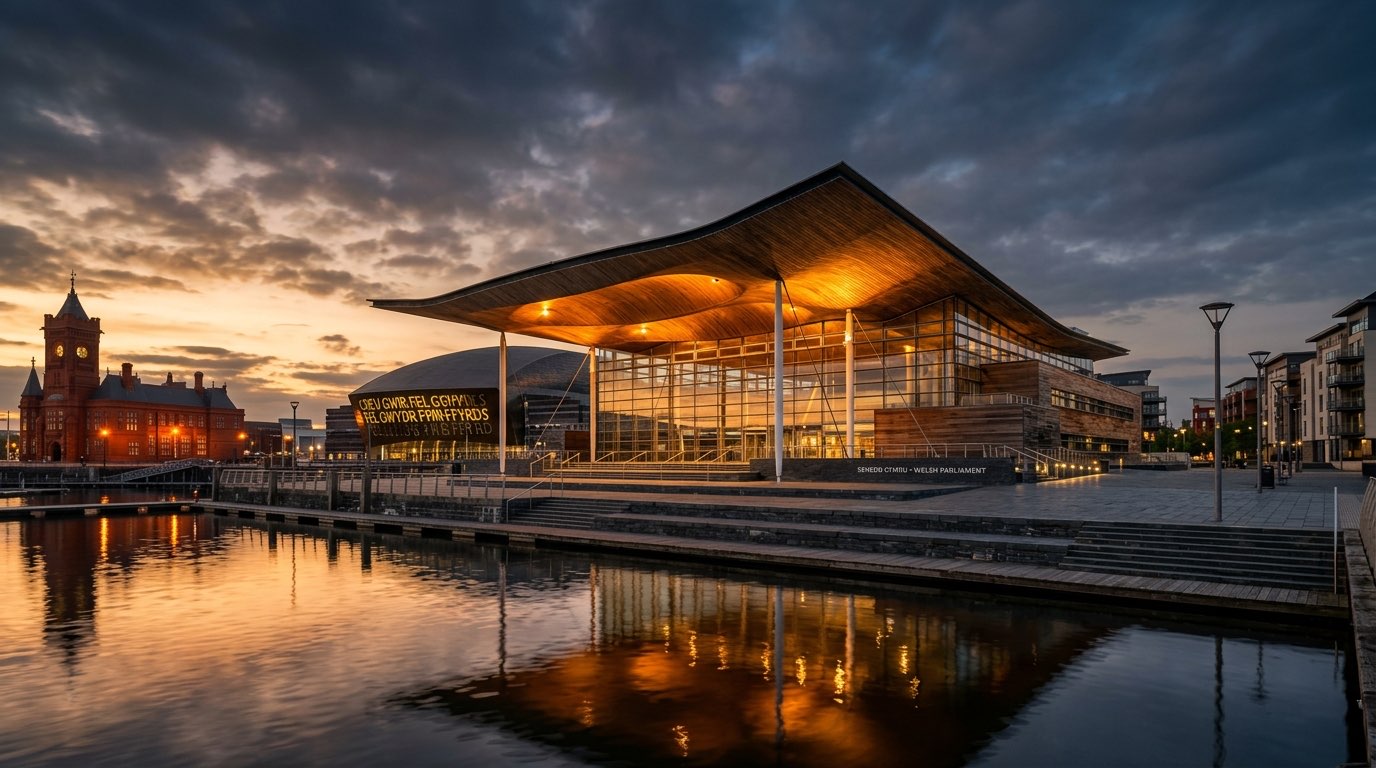 The Senedd building at dusk, Cardiff Bay