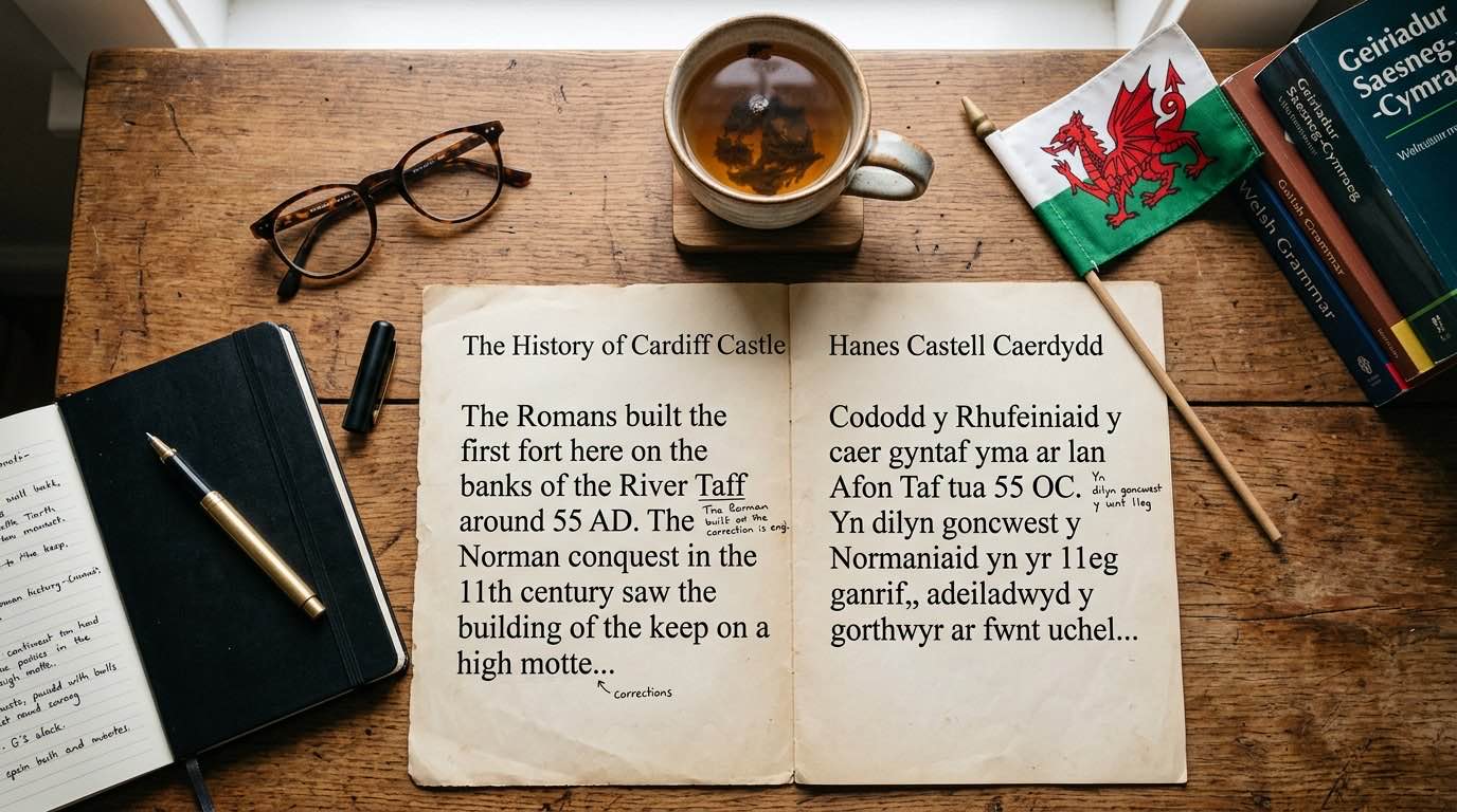 Professional translator reviewing bilingual Welsh and English documents